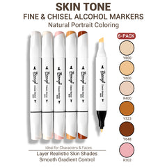 Bianyo 6-Pack Fine & Chisel Skin Tone Marker Set, Alcohol Markers for Realistic Portrait Blending