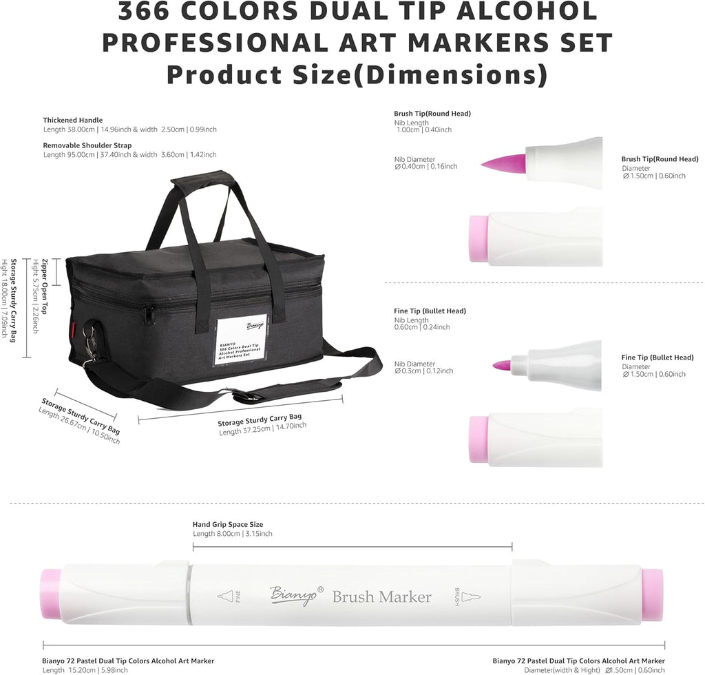 Bianyo 366 Colors Dual Tip Professional Alcohol Markers Set