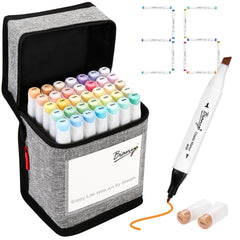Bianyo 36 Pastel Colors Markers Set, Dual Tip Art Markers Set with Black Travel Case with a Designable Card for Coloring, Sketching, Drawing, Outlining, Highlighting