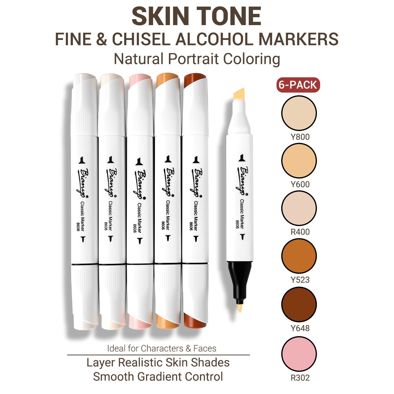 Bianyo 6-Pack Fine & Chisel Skin Tone Marker Set, Alcohol Markers for Realistic Portrait Blending