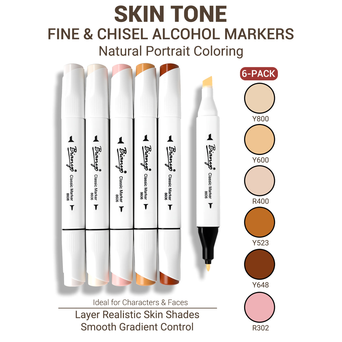 Bianyo 6-Pack Fine & Chisel Skin Tone Marker Set, Alcohol Markers for Realistic Portrait Blending