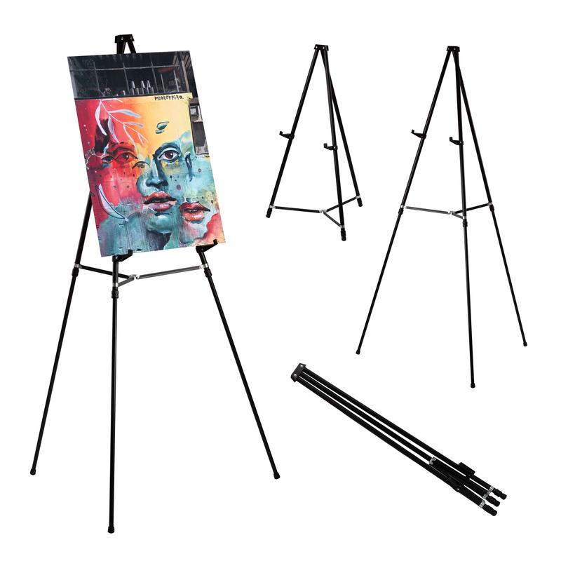 Bianyo Adjustable Aluminum Display Stand - Lightweight Portable Tripod for Canvas Signage & Posters Extends 36" to 66" Holds 25 lbs Silver Pack of 1