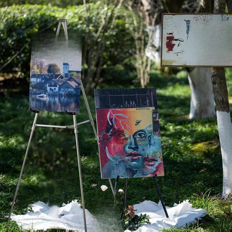 Bianyo Adjustable Aluminum Display Stand - Lightweight Portable Tripod for Canvas Signage & Posters Extends 36" to 66" Holds 25 lbs Silver Pack of 1