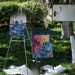 Bianyo Adjustable Aluminum Display Stand - Lightweight Portable Tripod for Canvas Signage & Posters Extends 36" to 66" Holds 25 lbs Silver Pack of 1