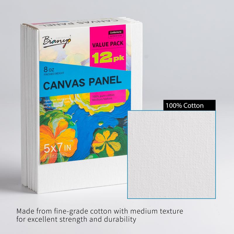 Bianyo Canvas Panels – 100% Cotton, Acid-Free, Pre-Primed with Gesso, Blank Canvas Boards for Acrylic, Oil, and Watercolor Painting