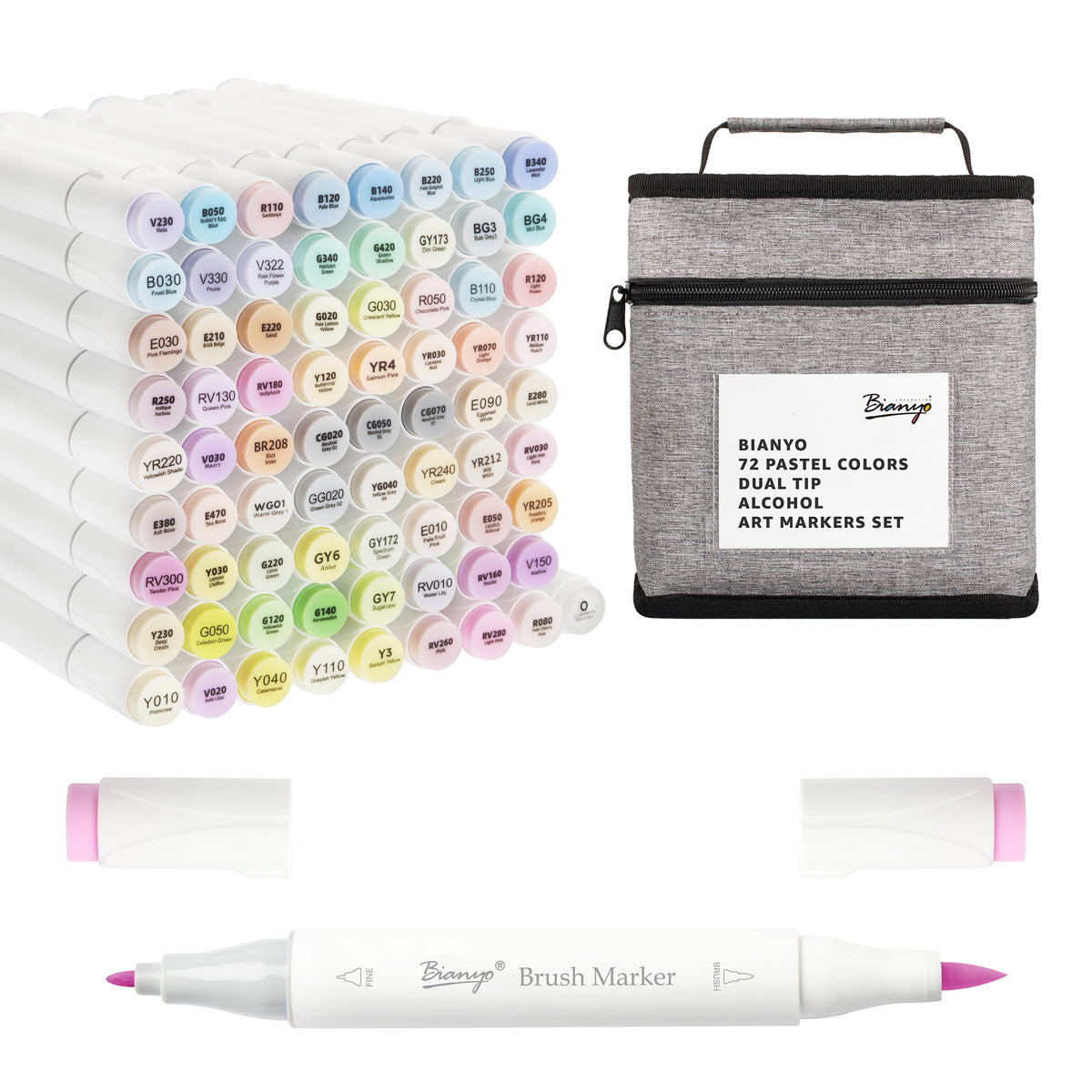 Bianyo 72 Pastel Colors Alcohol Markers Set, Dual Tip Brush & Fine Alcohol-Based Art Markers for Artists, Adults, Comics, Coloring, Drawing, Sketching, Illustration with Storage Bag