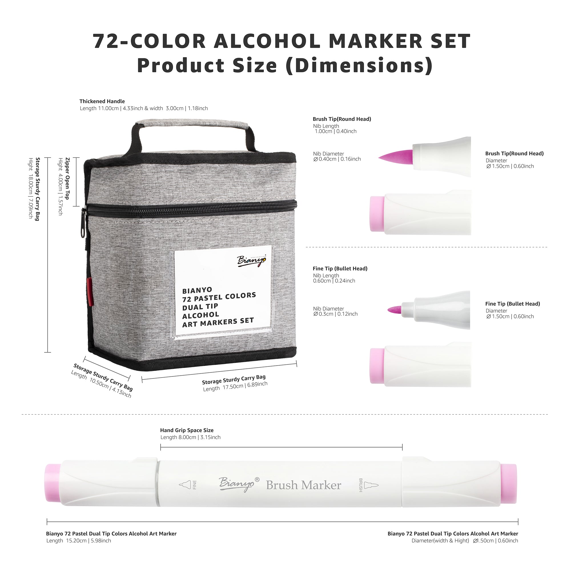 Bianyo 72 Pastel Colors Alcohol Markers Set, Dual Tip Brush & Fine Alcohol-Based Art Markers for Artists, Adults, Comics, Coloring, Drawing, Sketching, Illustration with Storage Bag