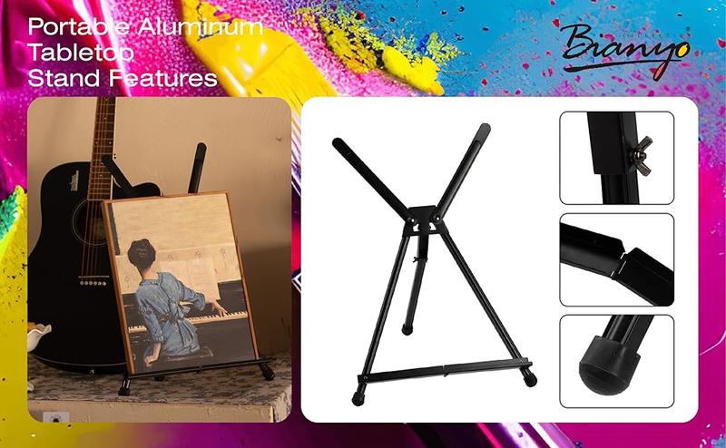 Bianyo Adjustable Aluminum Easel Stand - Lightweight Foldable Display Stand for Canvas Paintings Books Photos Portable Tripod with Carry Bag Indoor Outdoor Use Holds Up to 10 lbs