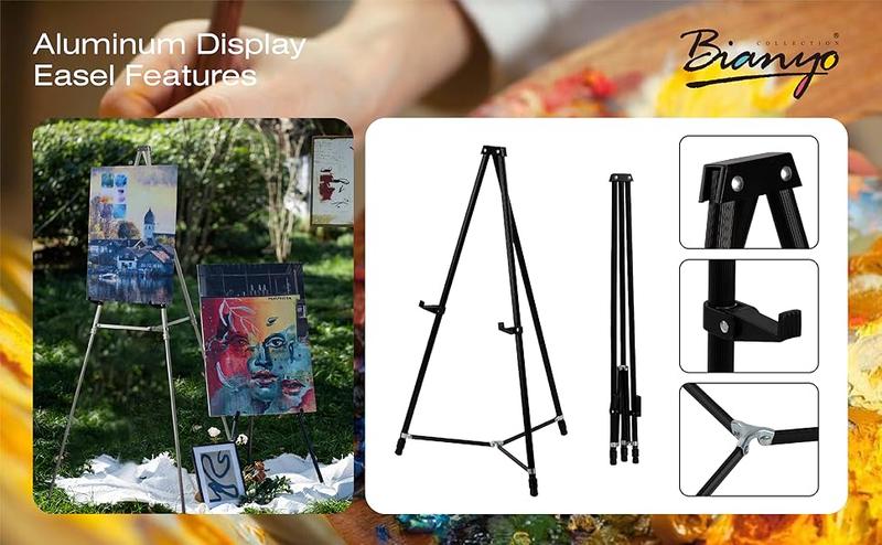 Bianyo Adjustable Aluminum Display Stand - Lightweight Portable Tripod for Canvas Signage & Posters Extends 36" to 66" Holds 25 lbs Silver Pack of 1