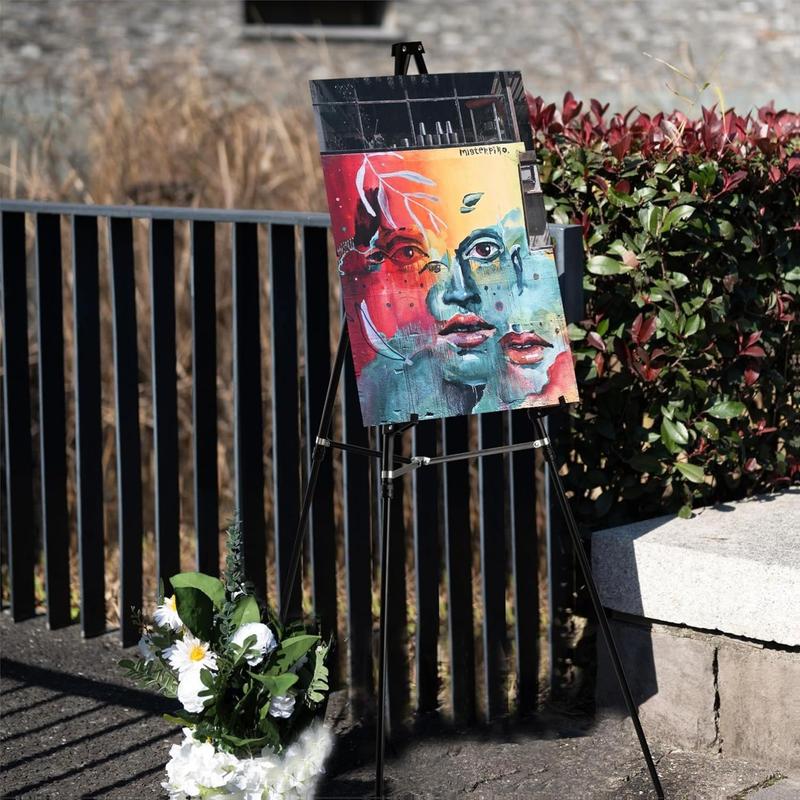 Bianyo Adjustable Aluminum Display Stand - Lightweight Portable Tripod for Canvas Signage & Posters Extends 36" to 66" Holds 25 lbs Silver Pack of 1