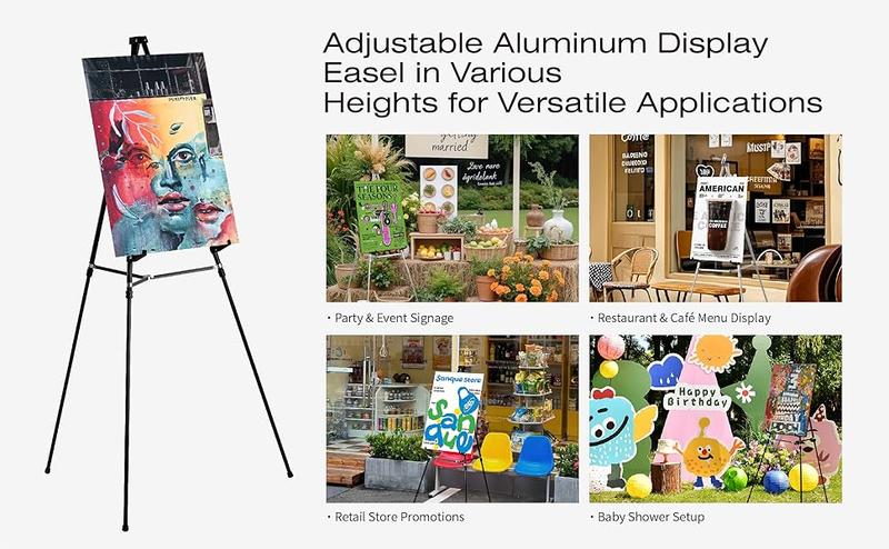 Bianyo Adjustable Aluminum Display Stand - Lightweight Portable Tripod for Canvas Signage & Posters Extends 36" to 66" Holds 25 lbs Silver Pack of 1