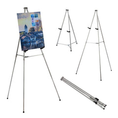 Bianyo Adjustable Aluminum Display Stand - Lightweight Portable Tripod for Canvas Signage & Posters Extends 36" to 66" Holds 25 lbs Silver Pack of 1