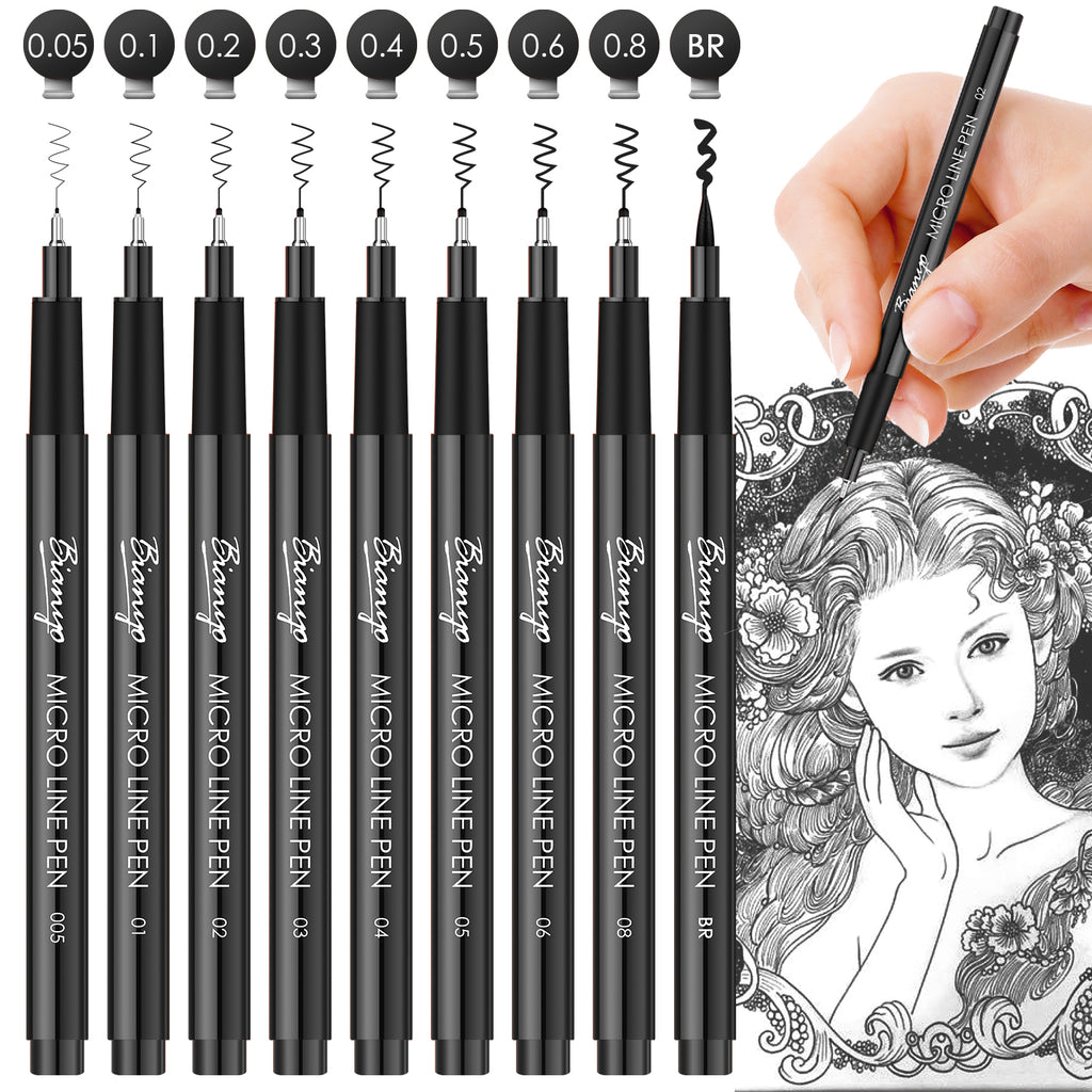Bianyo Black Pigment Ink Drawing Pens, Size 0.8, Pack of 9 with Zipper  Pouch, Waterproof Archival Ink Fineliner Pens for Drawing, Sketching,  Bullet