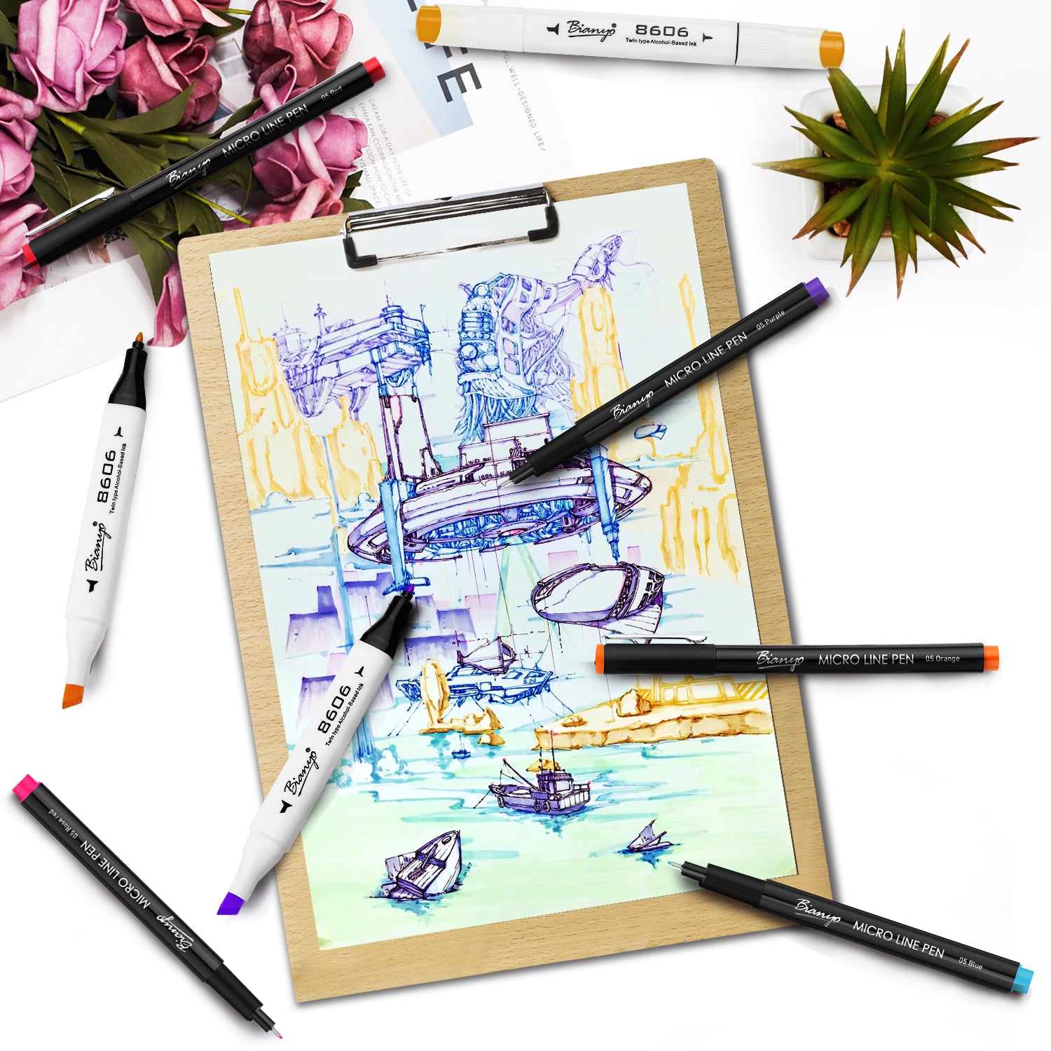 Bianyo Assorted Colors Pigment Ink Fineliner pens, set of 9