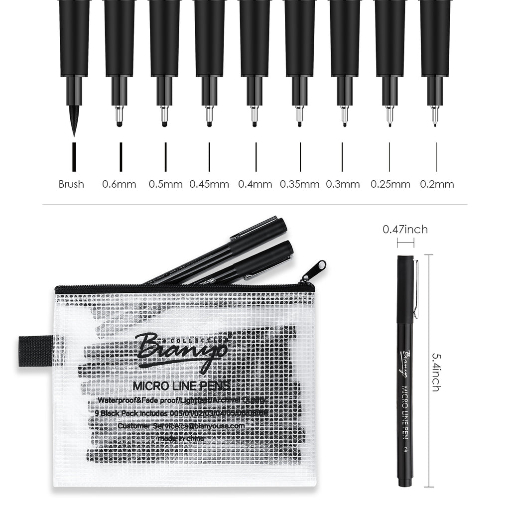 Bianyo Micro-Line Pens Fineliner, Set of 9