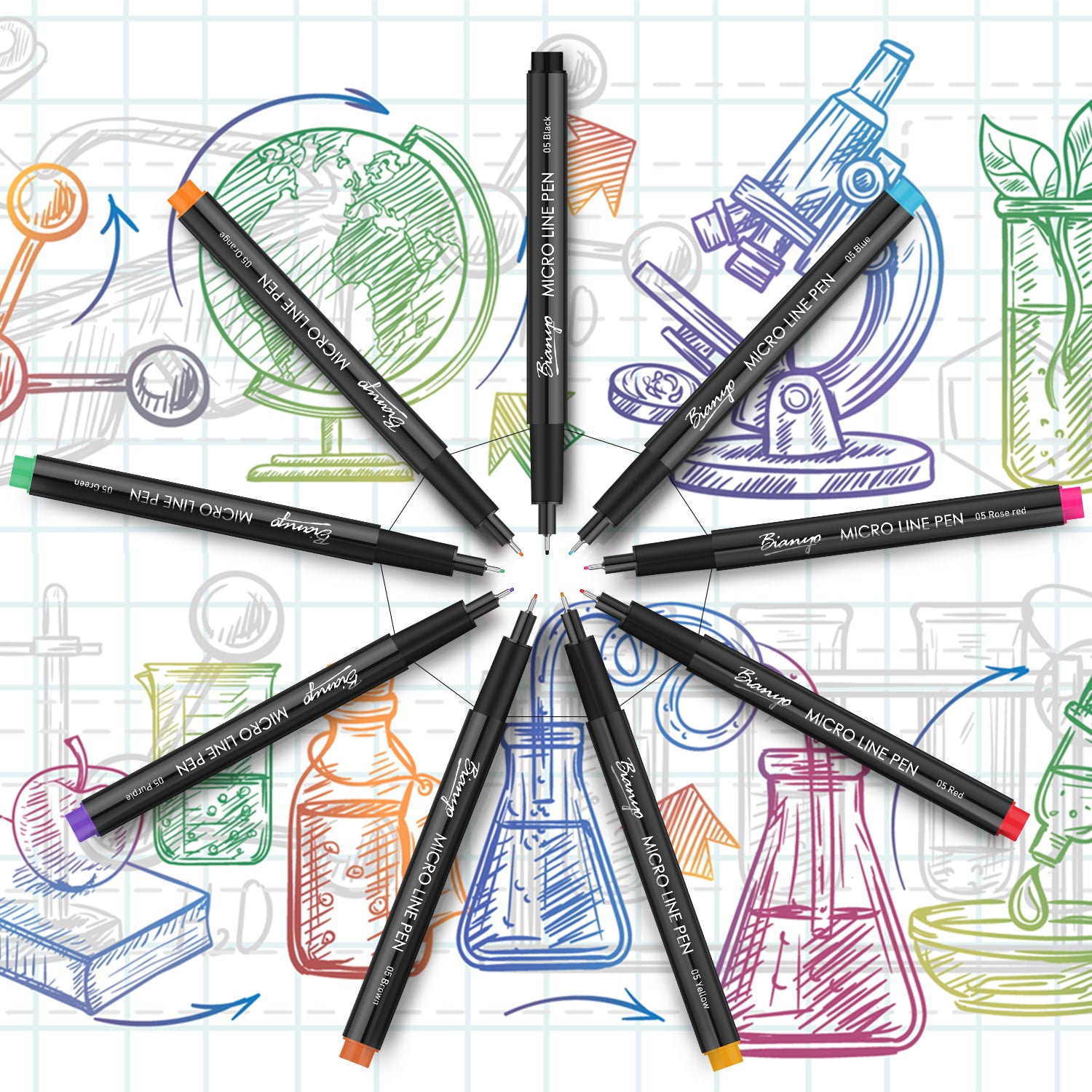 Bianyo Assorted Colors Pigment Ink Fineliner pens, set of 9