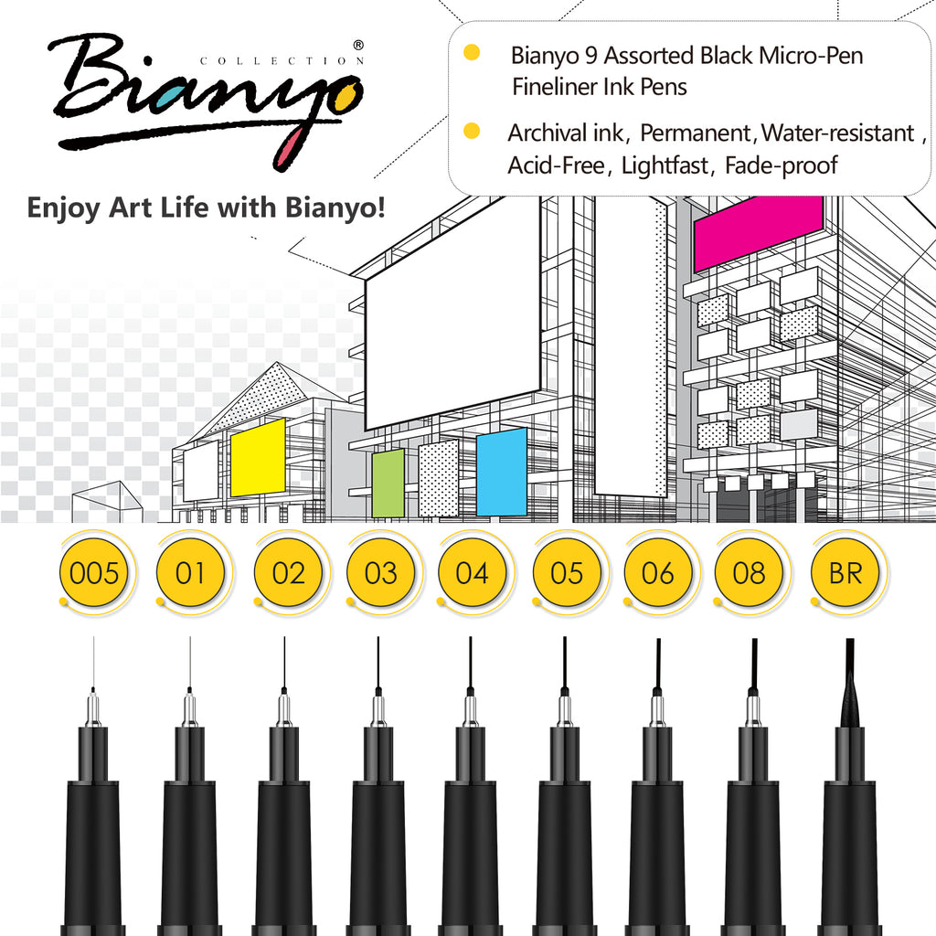 Bianyo Micro-Line Pens Fineliner, Set of 9
