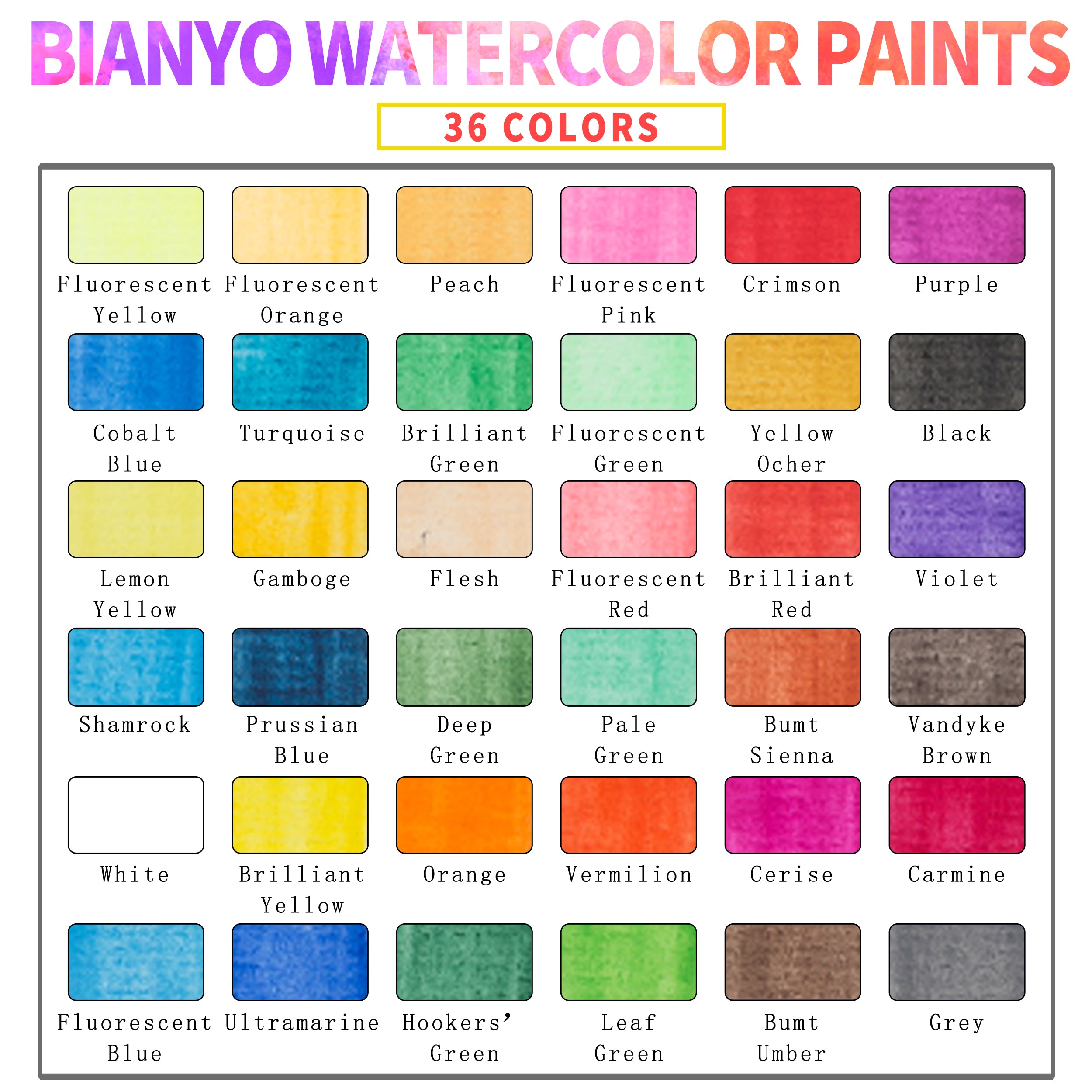 Bianyo Professional Watercolors, Set of 36